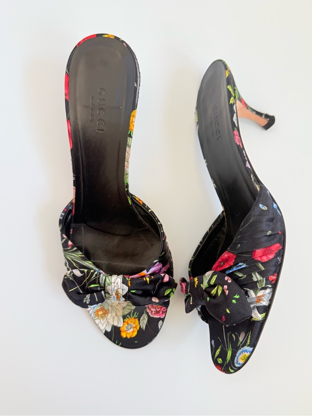 Gucci Flora Satin Bow Mule Heels Black Floral Sandals US 6 Vintage Y2K